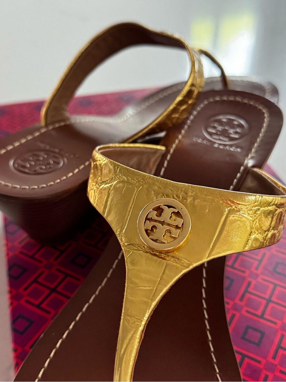 Tory Burch Gold Leather Cameron Wedge Sandals